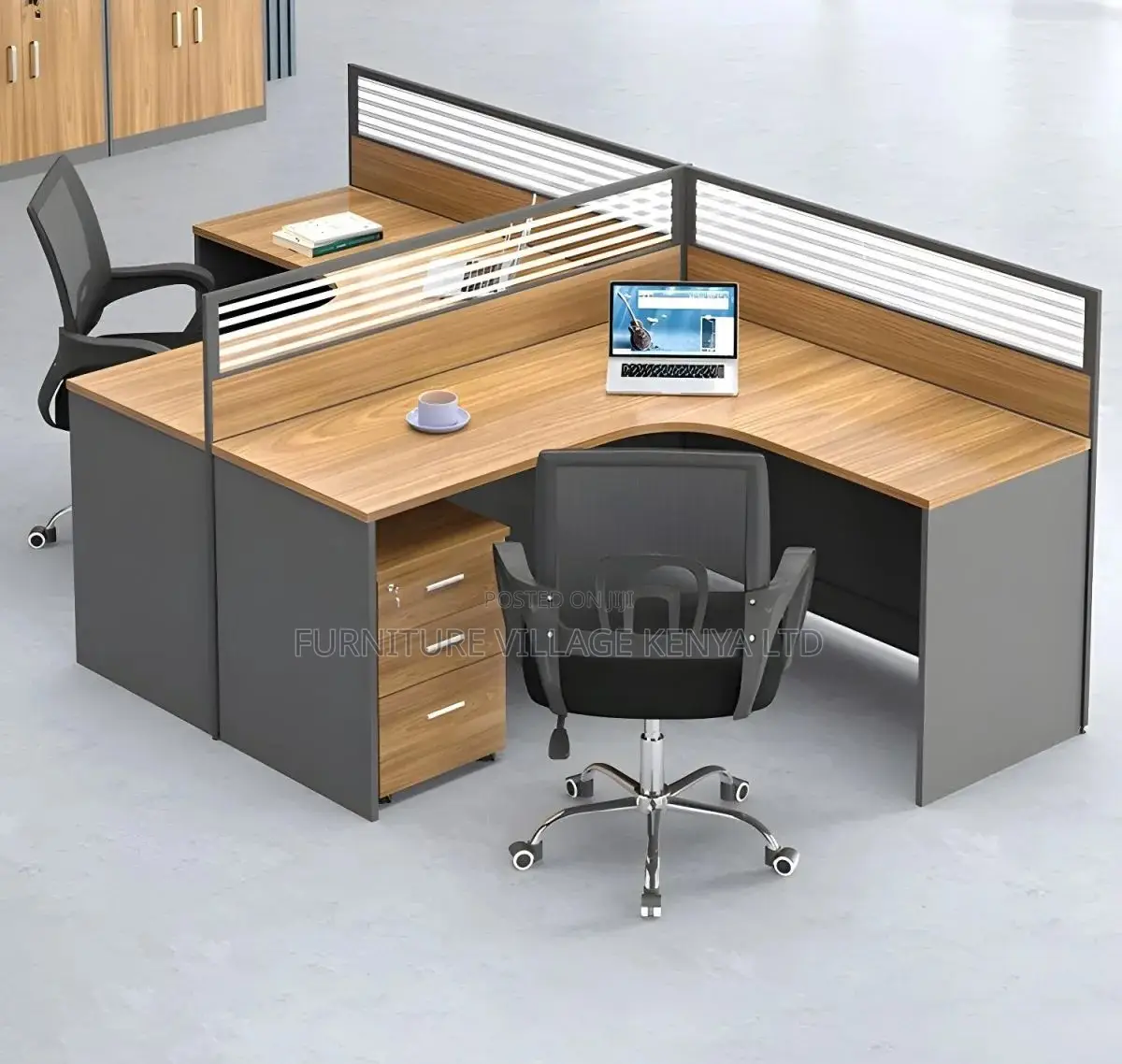 Office Furniture: 2 Seater Curved Brown Workstation Desk.
