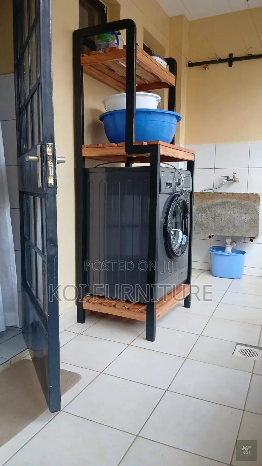 Cypress Wood and Black Machine Shelving