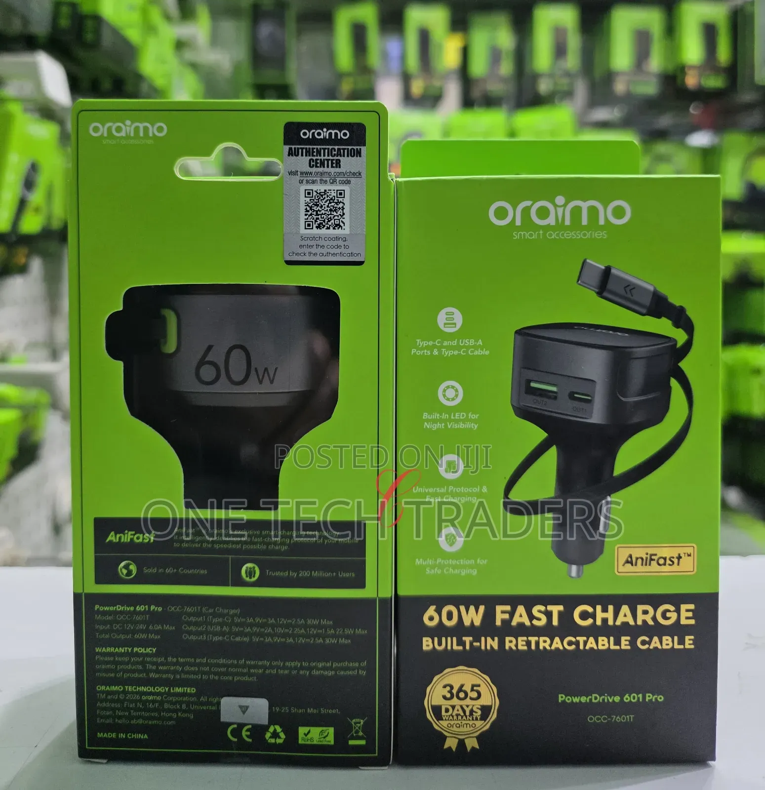 Car Charger With Built- In Rectractable Cable 60w