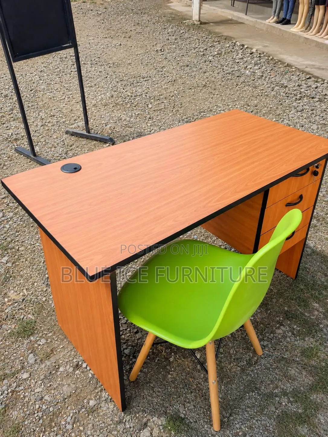 Office Desk With 3 Drawers and Plastic Green Eames Chair