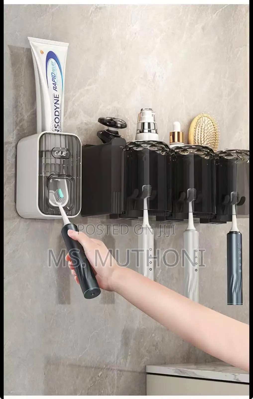 Wall-Mounted 4-Cup Toothbrush Holder / Toothpaste Dispenser Set