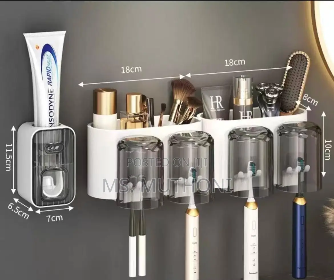 Wall-Mounted 4-Cup Toothbrush Holder / Toothpaste Dispenser Set