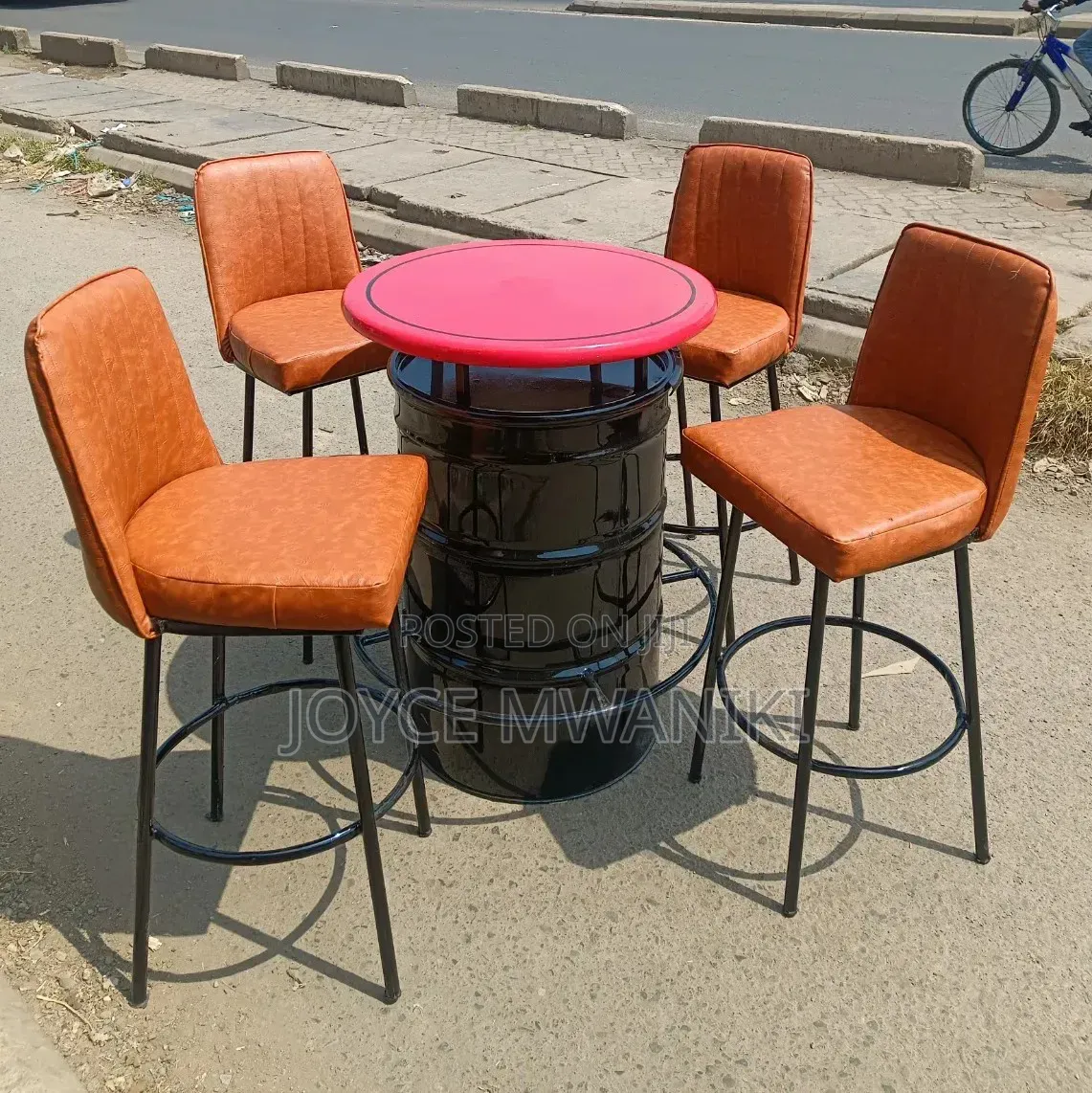 Modern Black Framed High Bar Chairs With a Drum Table 