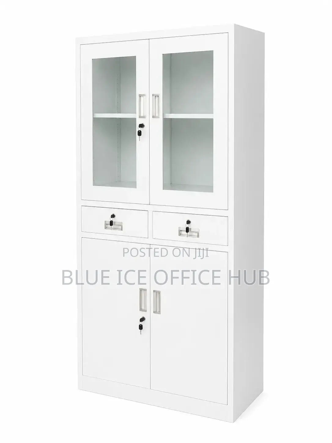 White Office Storage Cabinet With Glass Doors Drawers Lockable