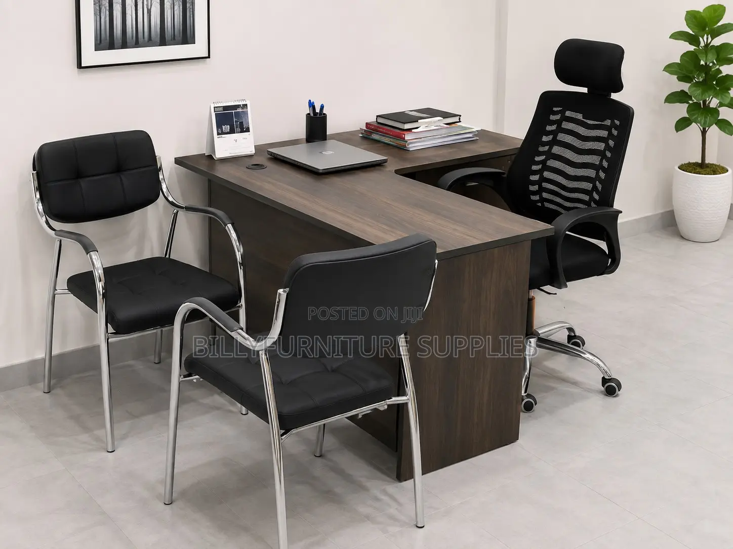 American Walnut L Shaped Desk and Chairs