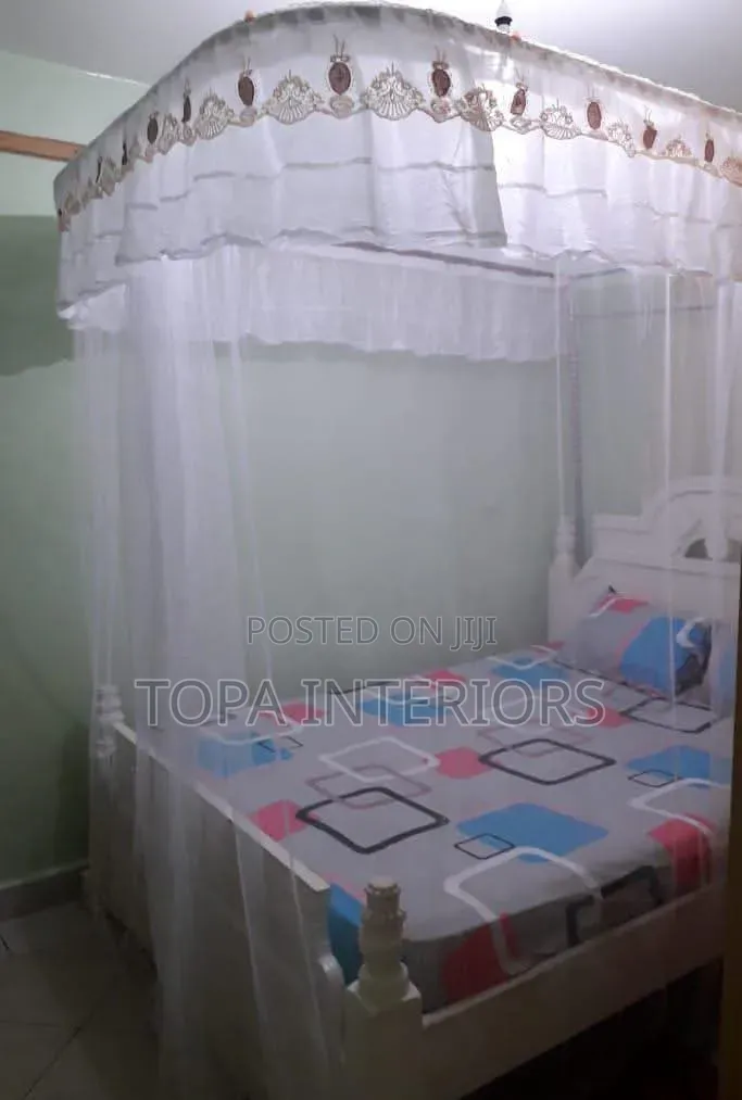 White Curved Two Stands Floating Rail Mosquito Nets With Accessories