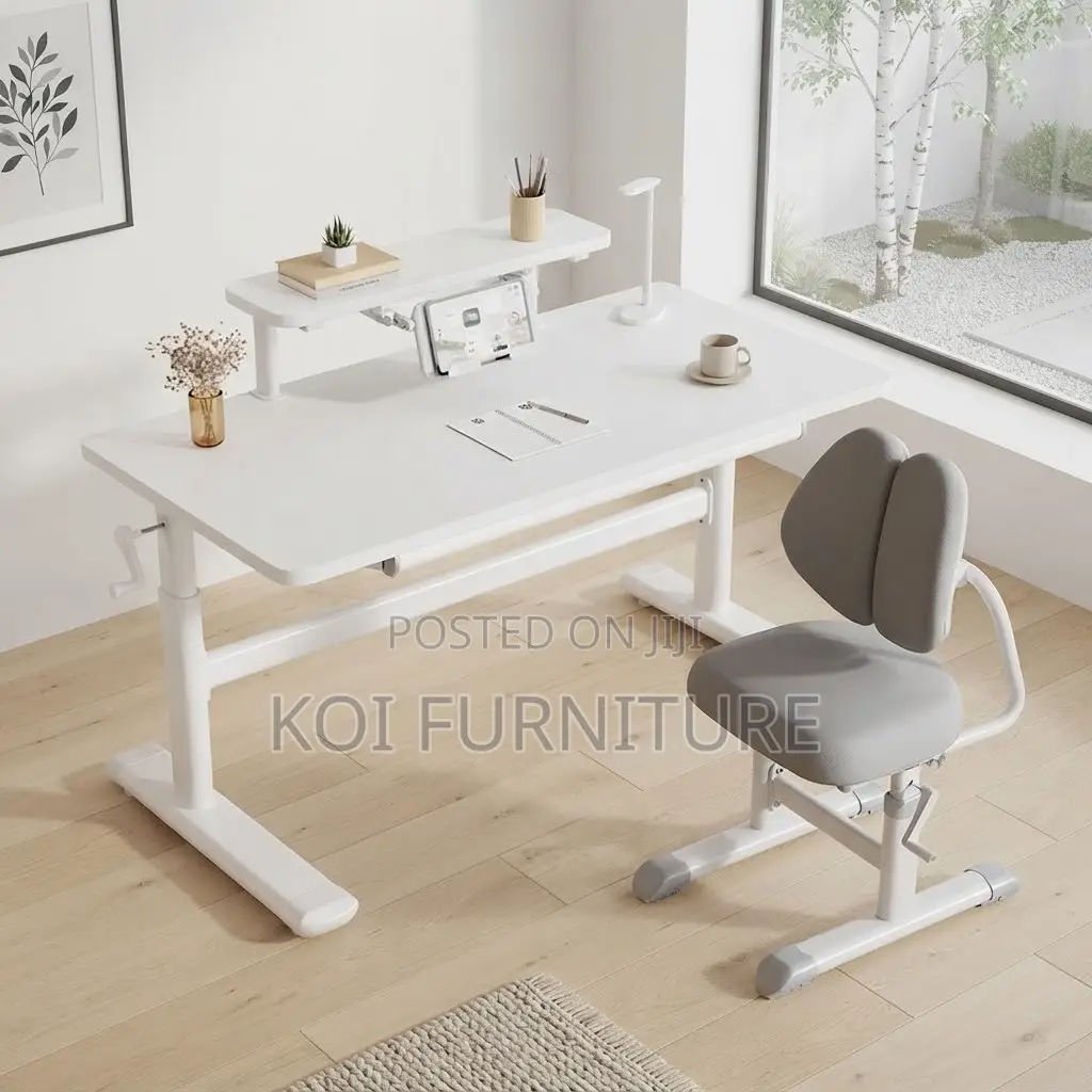 Office Table; Manua; Height Adjustable White Home Office Table