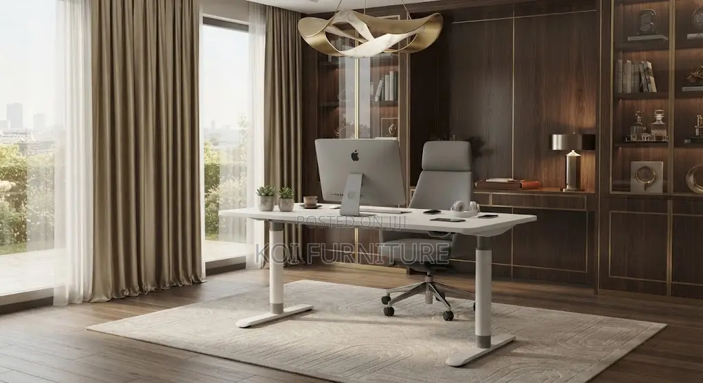 Office Table; Manua; Height Adjustable White Home Office Table
