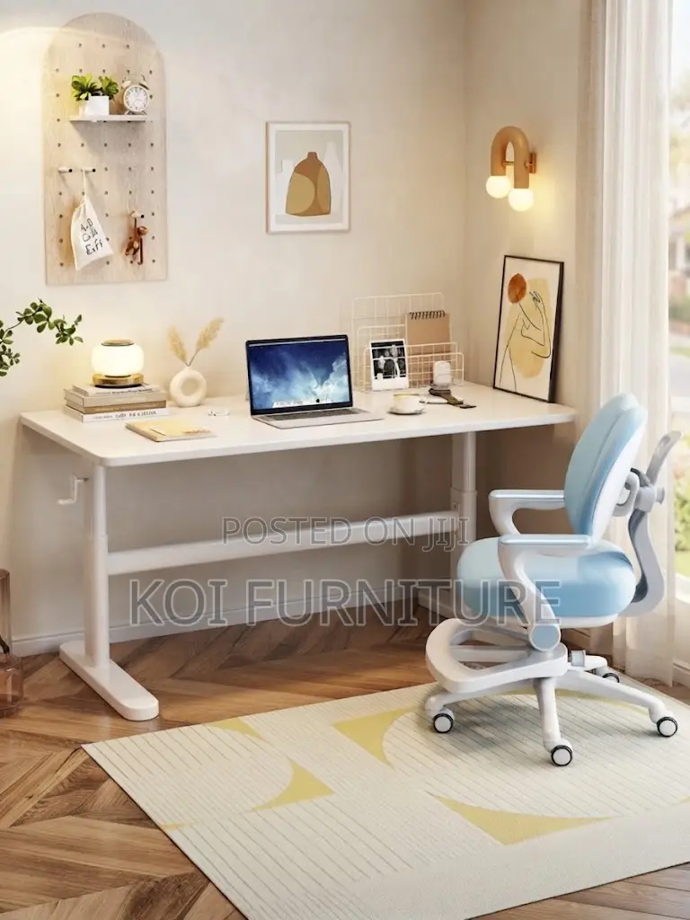 Office Table; Manua; Height Adjustable White Home Office Table