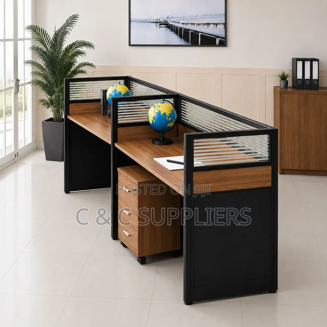 2-Seater Straight Brown Workstation Desk.