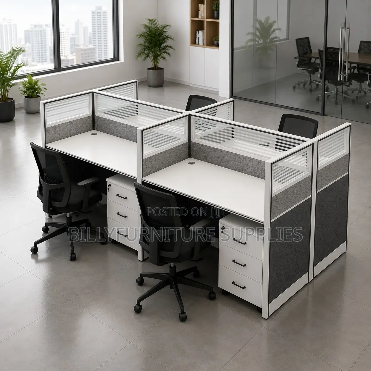 4-Way Employee Workstation Desk With Movable Cabinets
