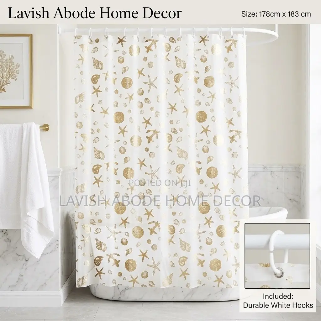 Seashell PEVA Shower Curtain – Waterproof With Gold Details