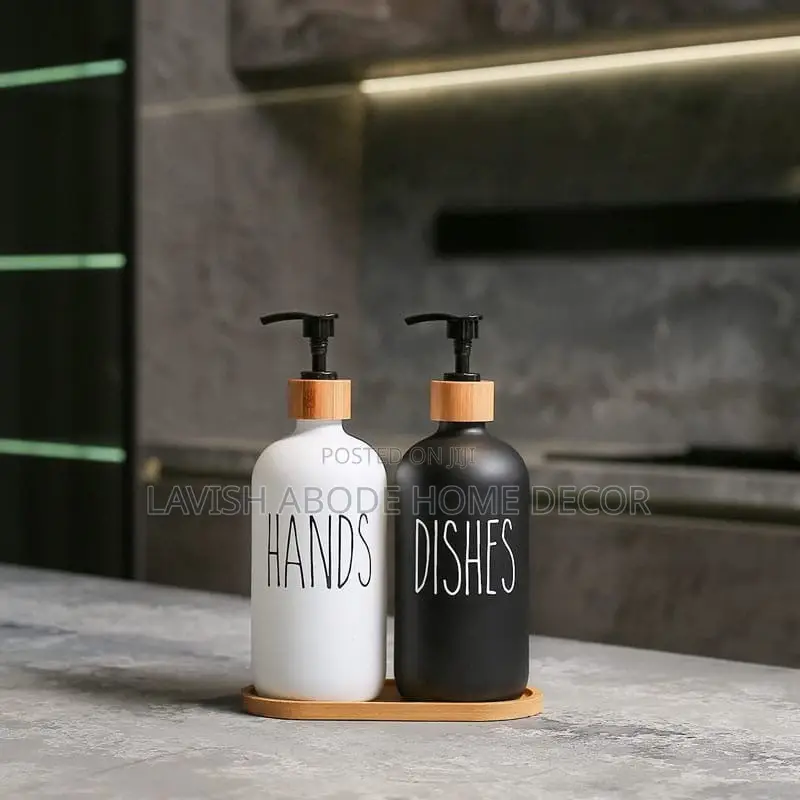 Ceramic Hand Dish Soap Dispenser Set With Bamboo Stand
