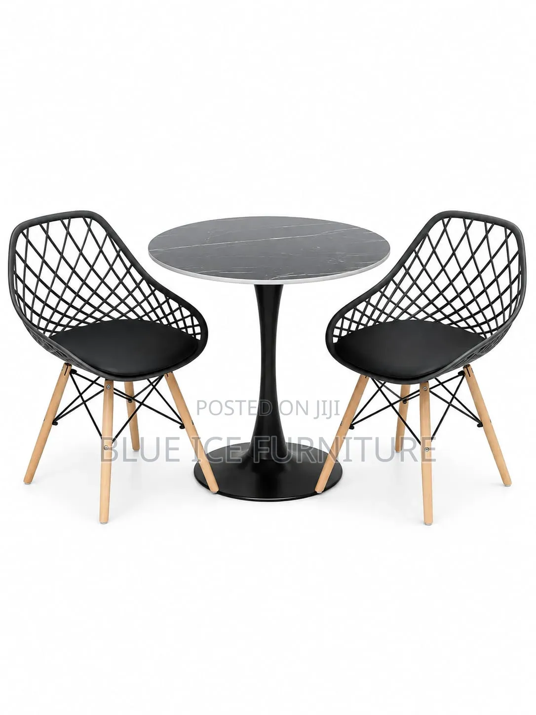 Modern Round Dining Table Set With 2 Chairs – Black Wood