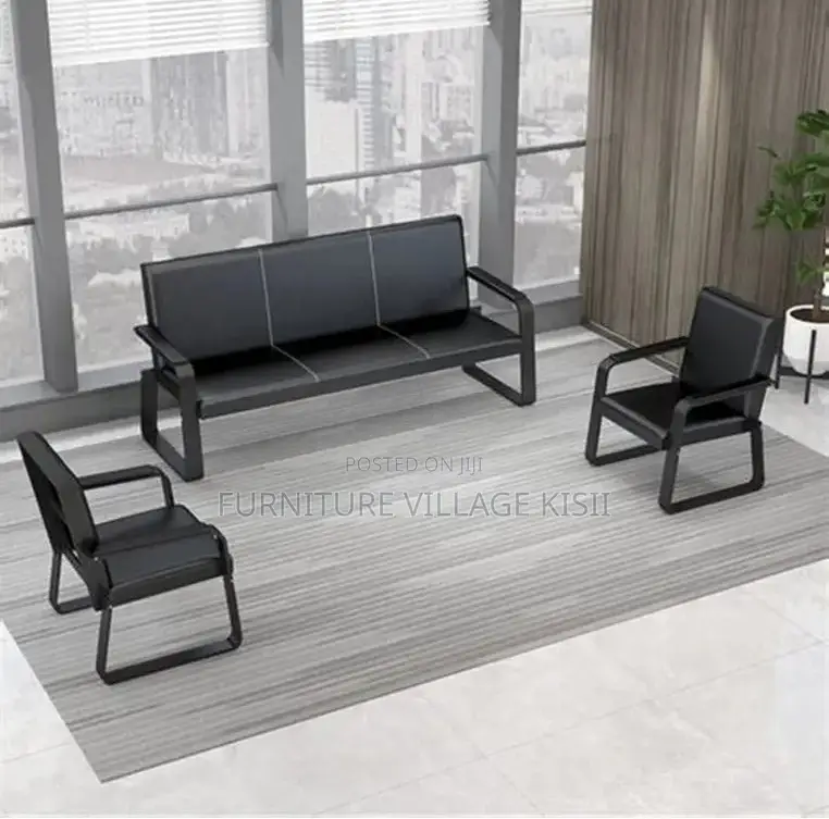 Office Sofa: 5-Seater Black Leather Set