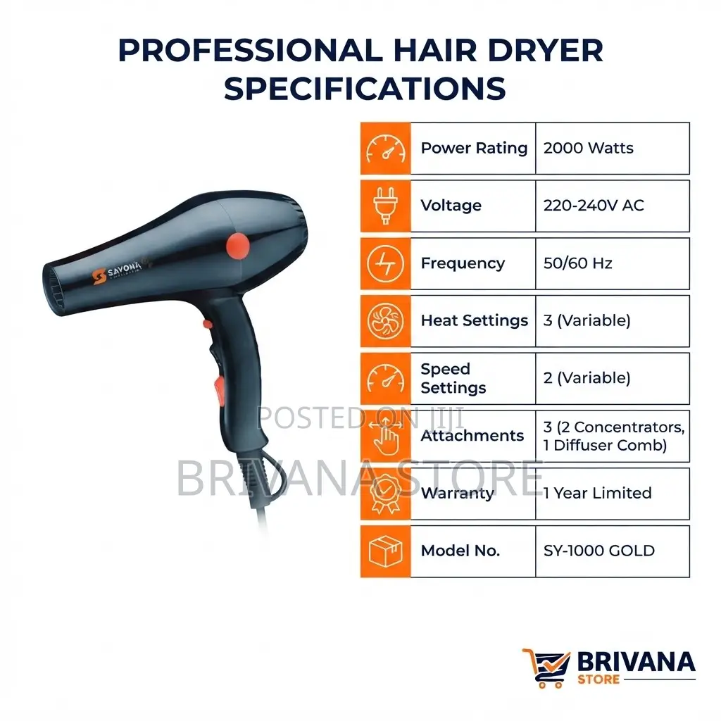 Sayona SY-1000 Hair Dryer 2000W Professional 2 Speeds 3 Heat