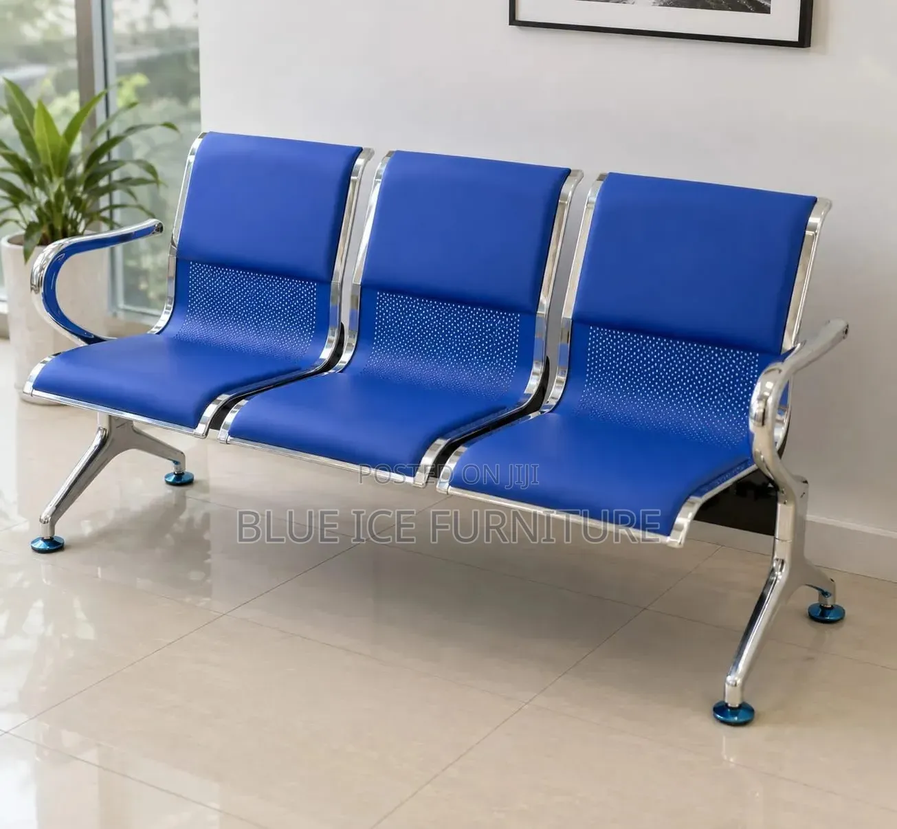 Modern 3-Seater Waiting Chair – Blue Leather Chrome Frame