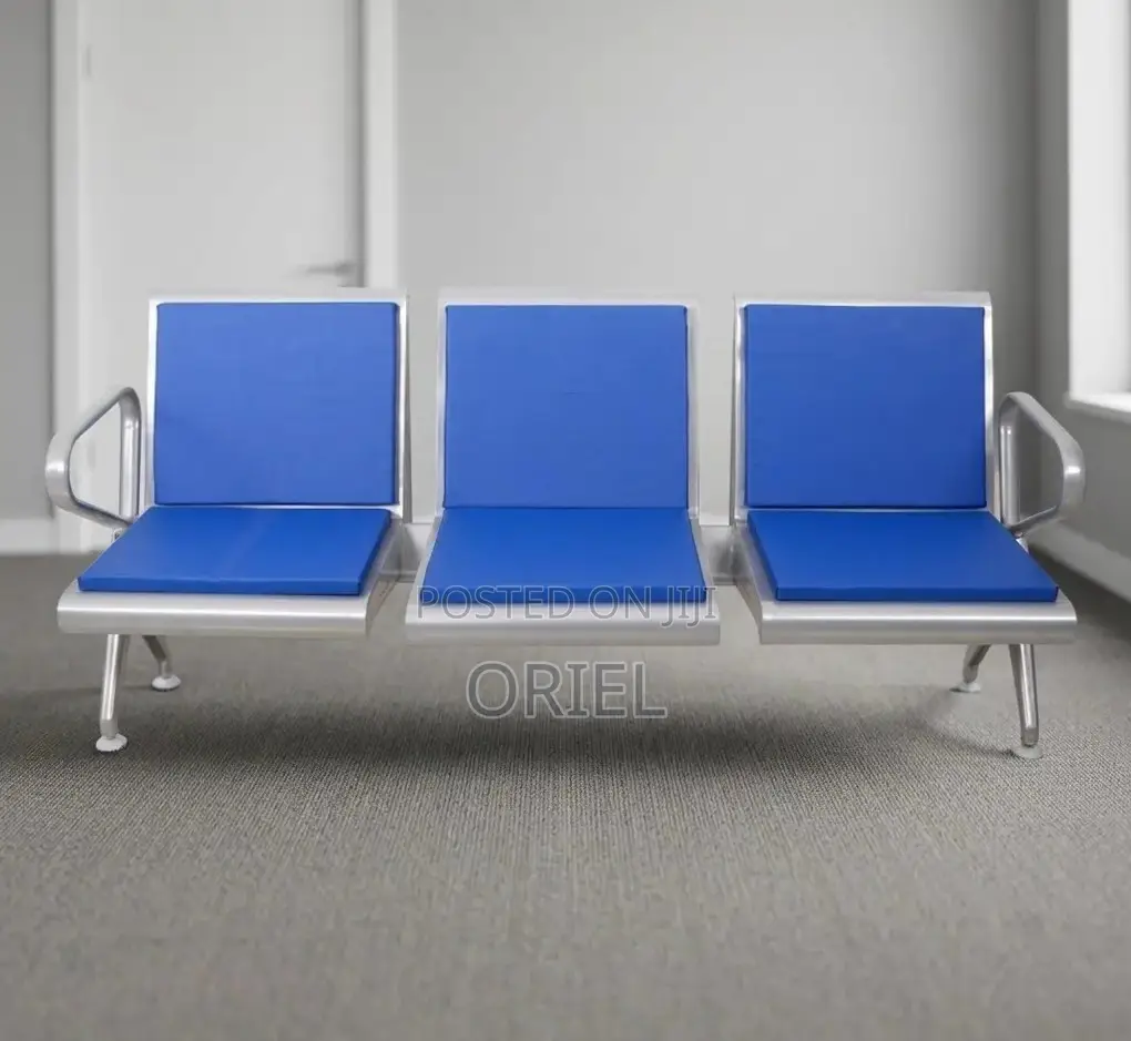 Office Bench : Blue Leather Padded 3-Seater Waiting Bench