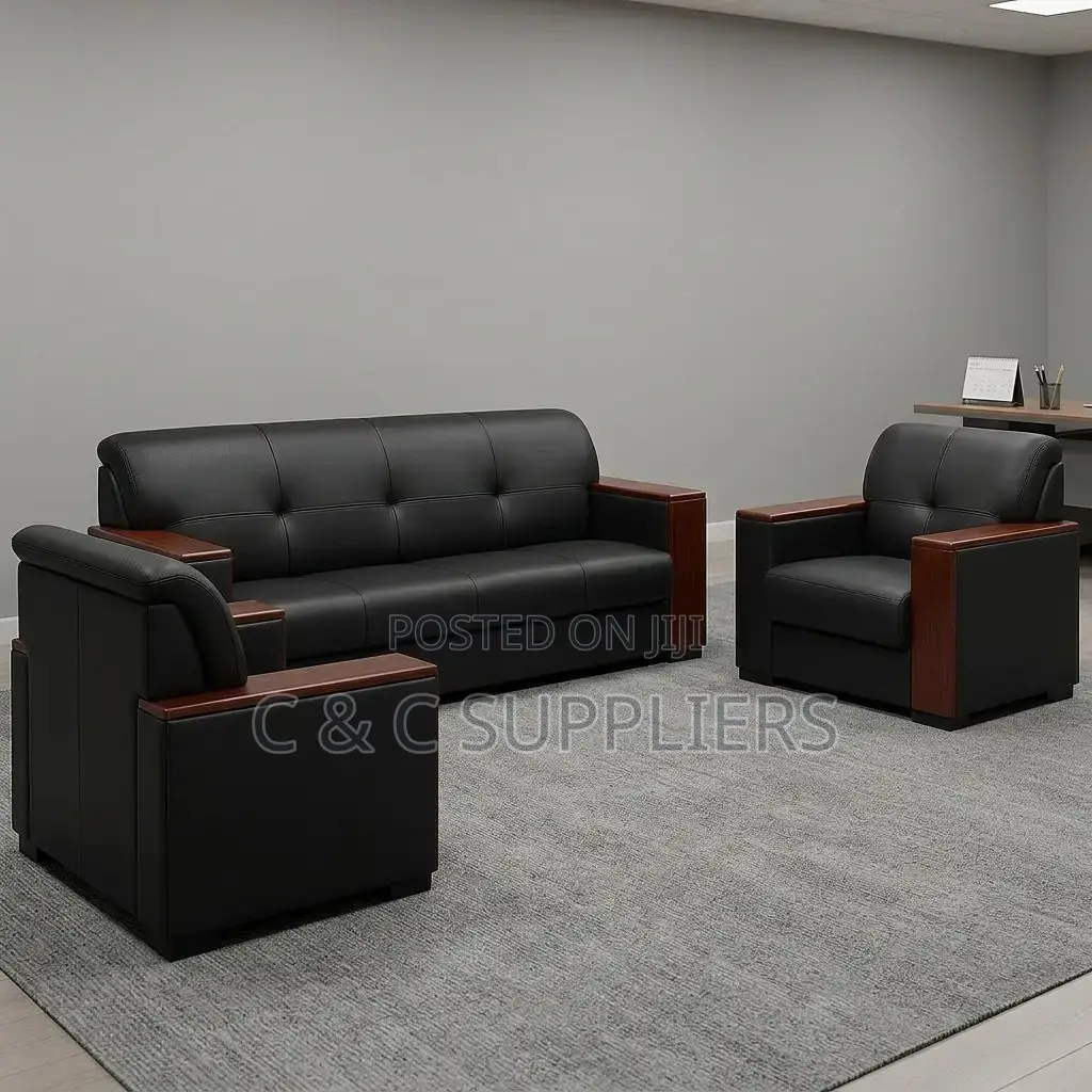 5-Seater Leather Sofa With Wood Armrest.