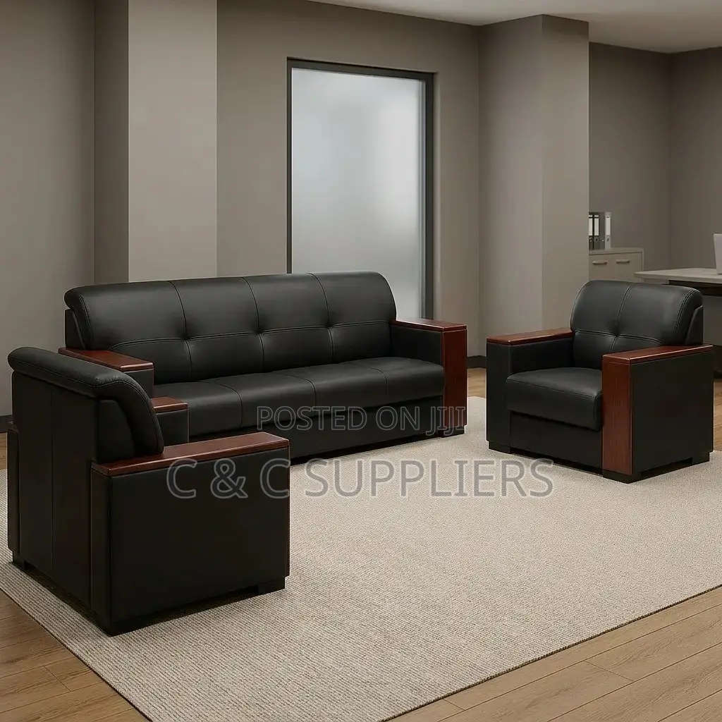5-Seater Leather Sofa With Wood Armrest.