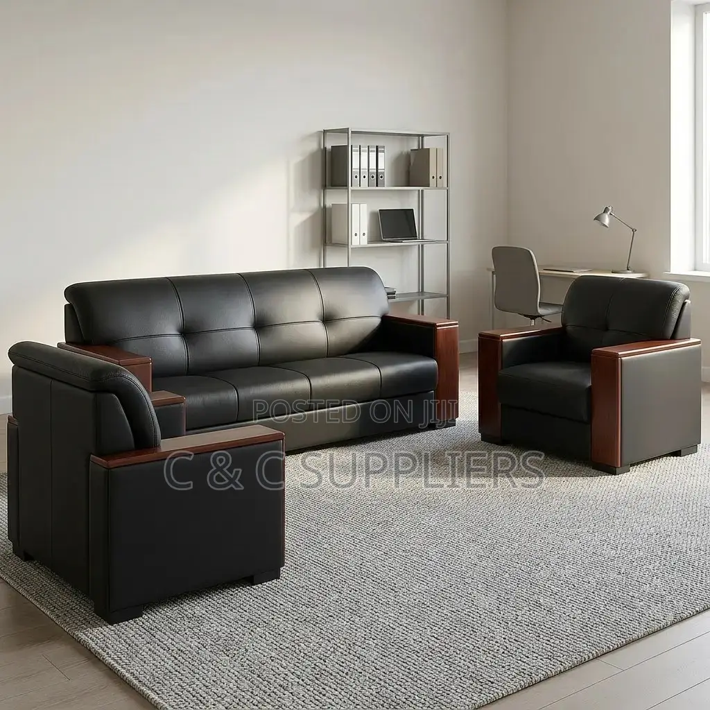 5-Seater Leather Sofa With Wood Armrest.