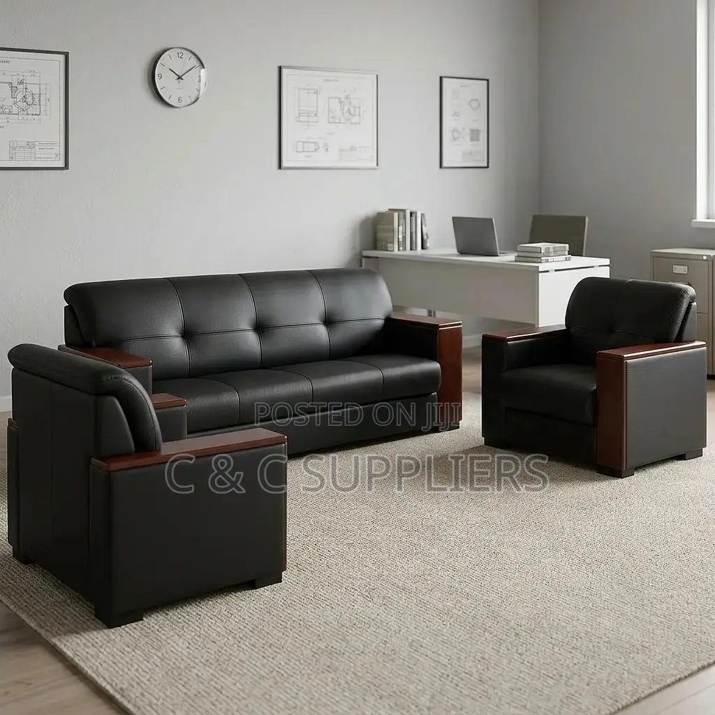 5-Seater Leather Sofa With Wood Armrest.