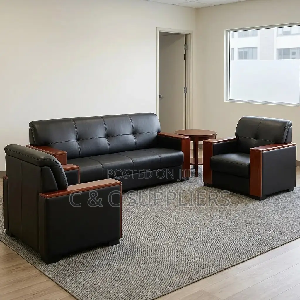 5-Seater Leather Sofa With Wood Armrest.