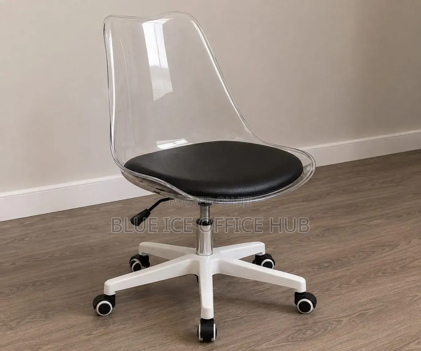 Clear Transparent Office Chair With Black Cushion Wheels