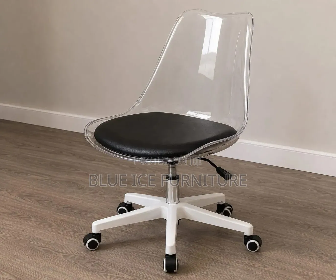 Clear Transparent Office Chair With Black Cushion Wheels