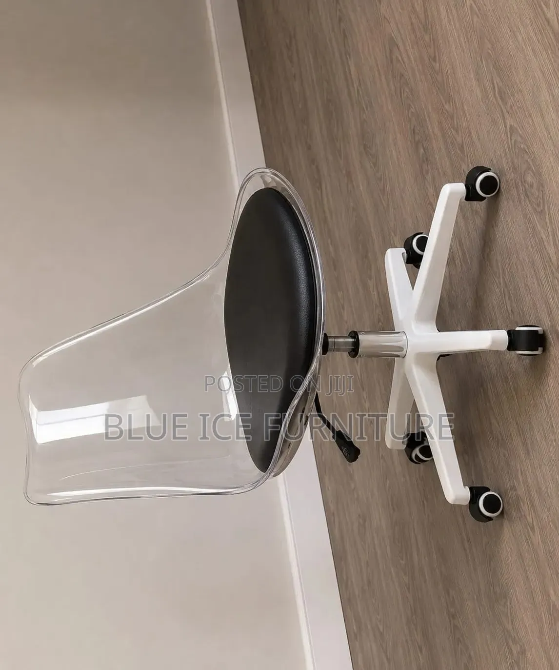 Clear Transparent Office Chair With Black Cushion Wheels