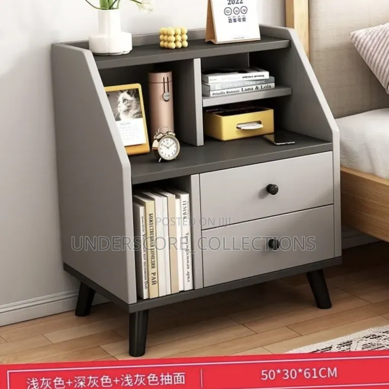 Grey Two Drawers and Shelves Bedside Table