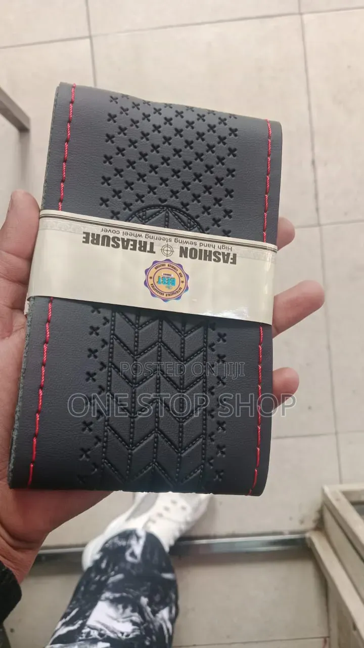 Black Faux Leather Hand Sewn Steering Wheel Cover in Different Design