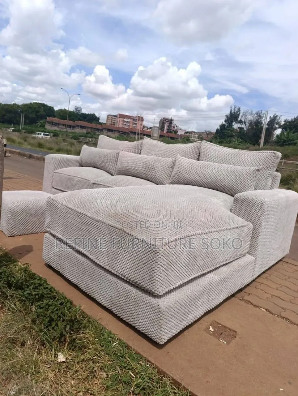 L Seat Sofa With a Small Bubble Design Fabric Upholstery