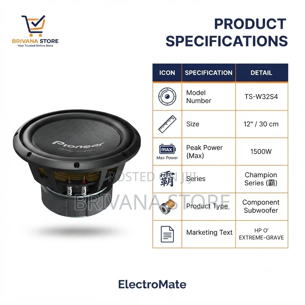 Pioneer 1500W 12-Inch Bass Subwoofer – Powerful Deep Bass