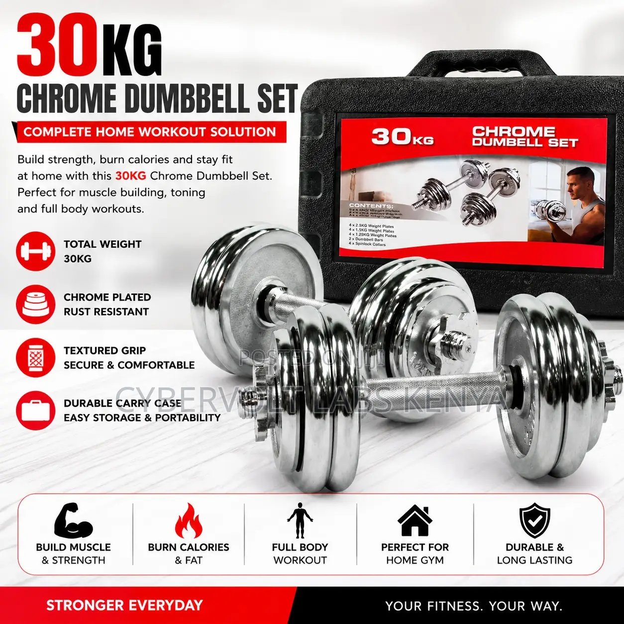 30KG Chrome Adjustable Dumbbell Set With Carry Case
