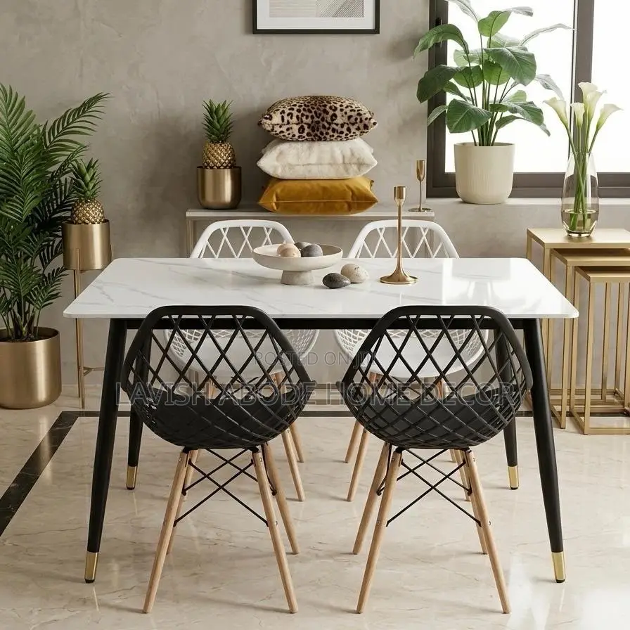4 Seater Dining Table Set – Rectangular Marble Top Mesh Eames Chairs