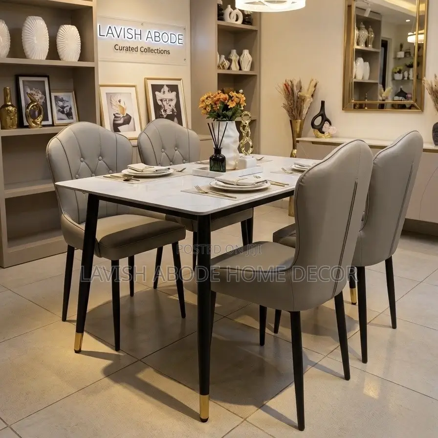 4 Seater Dining Table Set Rectangular Marble Top With 4 Leather Chairs