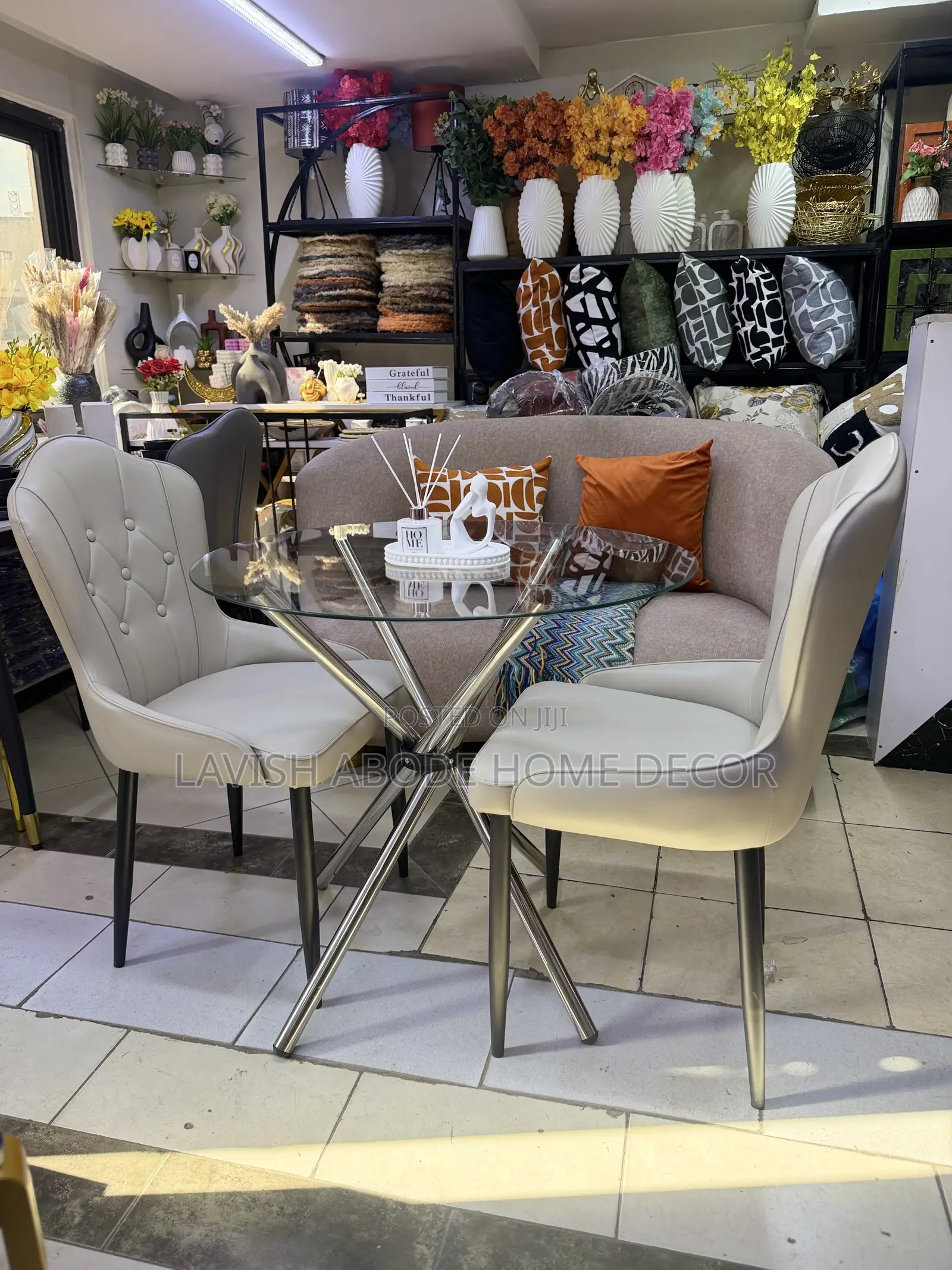 2 Seater Dining Table Clear Round Glass Table 2 Beige Leather Chairs