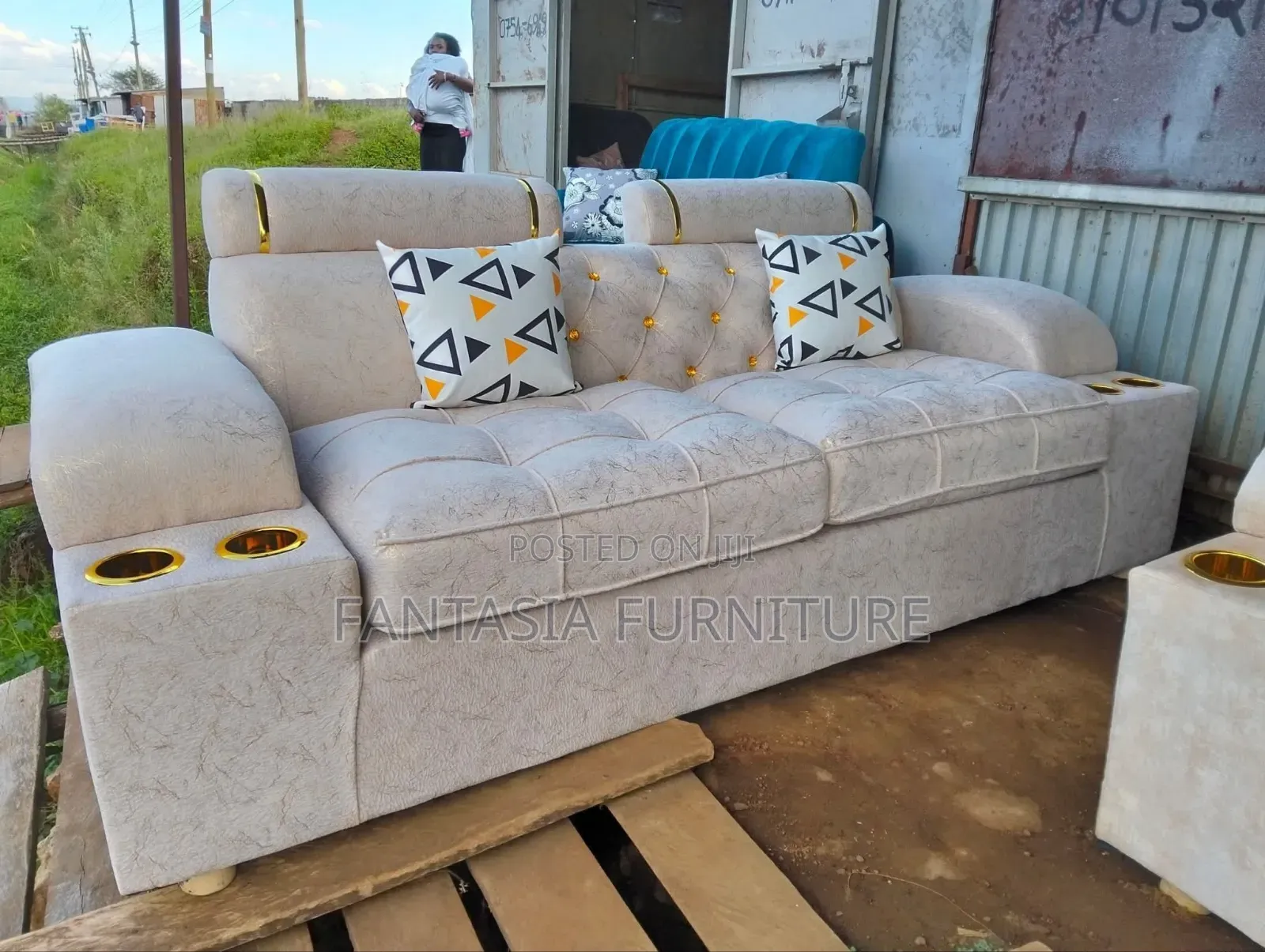 Cream/White Sofa With Cup Holders (3-Seater)