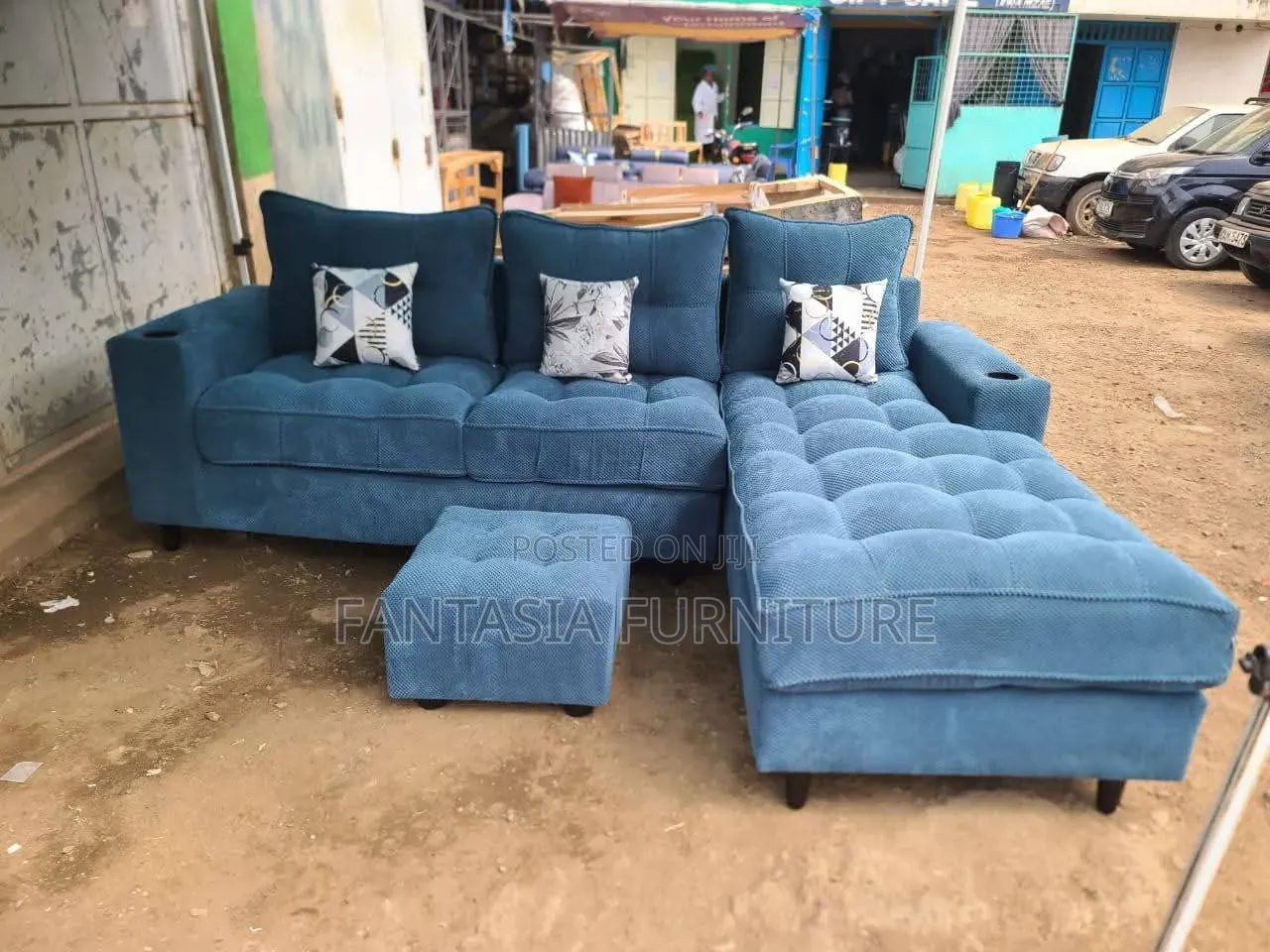 Blue Sectional Sofa + Ottoman (Free Delivery)