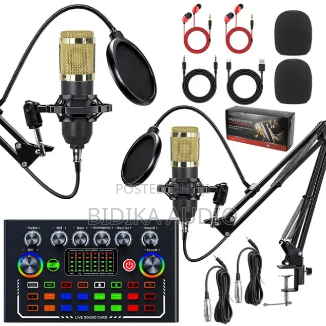 Dual Podcast Microphone Kit With Live Sound Card Audio Mixer Bundle