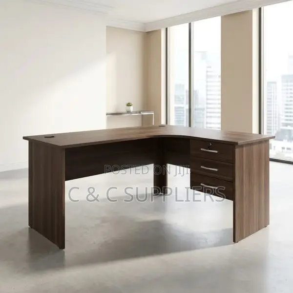 Curved Brown Study Desk With Drawers.