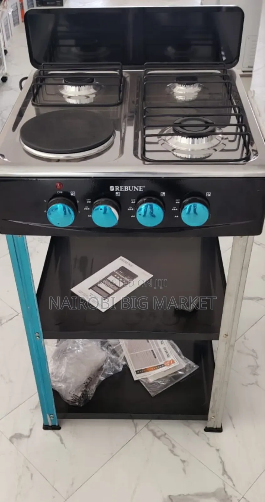 Rebune 3+1 Electric Burner Standing Gas Stove Cooker With Shelves