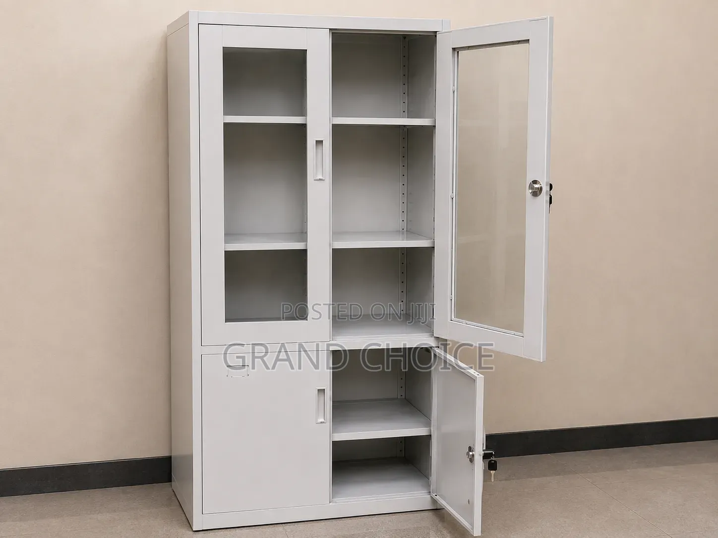 Steel Storage Cabinet With Glass Doors Lockable Shelves
