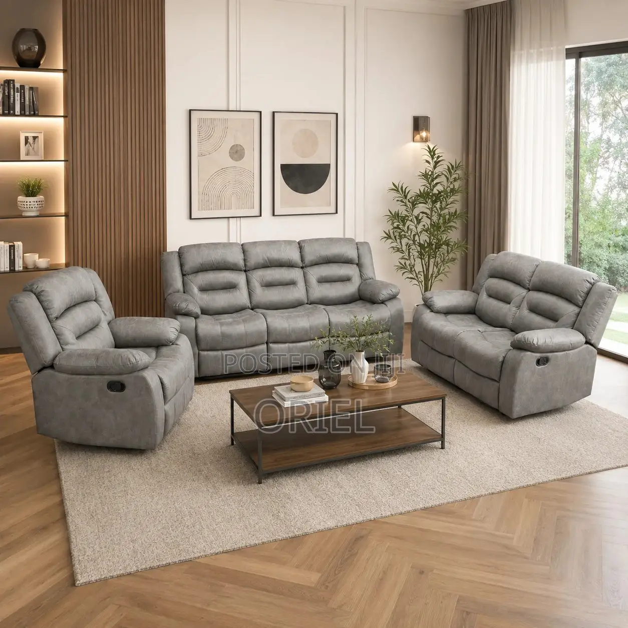 Office Sofa : 6-Seater Grey Fabric Recliner Set