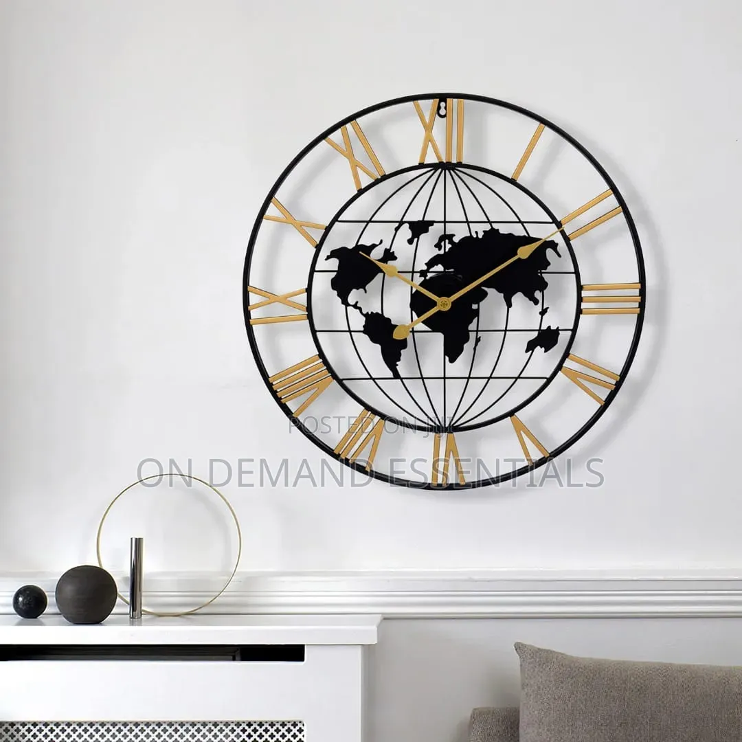 60cm Roman Numerals Metallic World Map Wall Clock