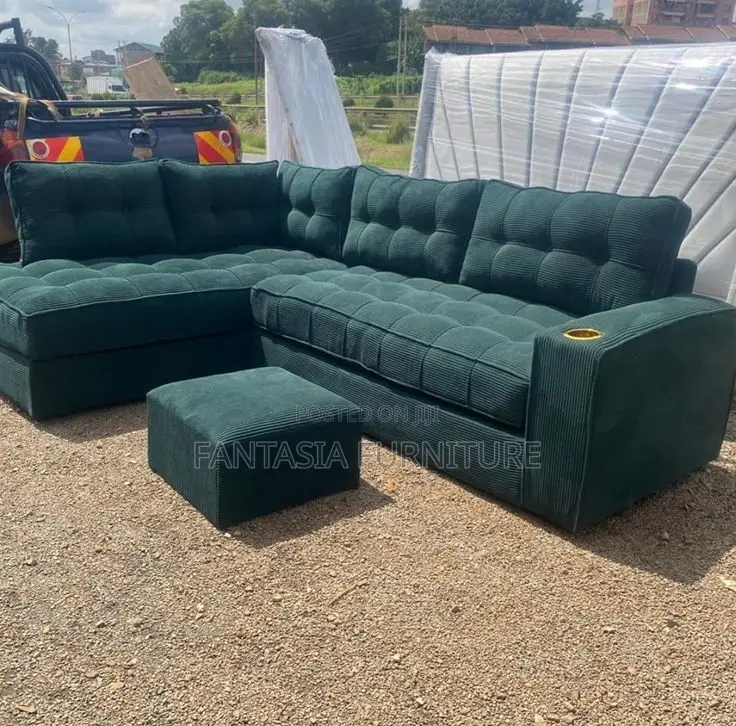 5 Seater Jungle Green L-Shaped Sofa + Ottoman