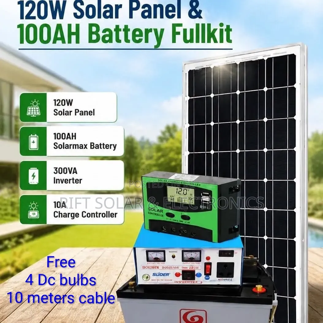 120 Watts Solar Full Package - 100A Battery - 300w Inverter - Full Kit