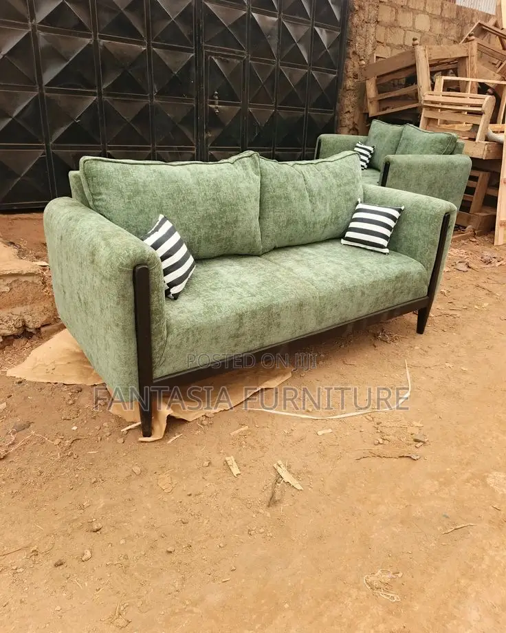 Green Fabric 3-Seater Wooden Leg Sofa