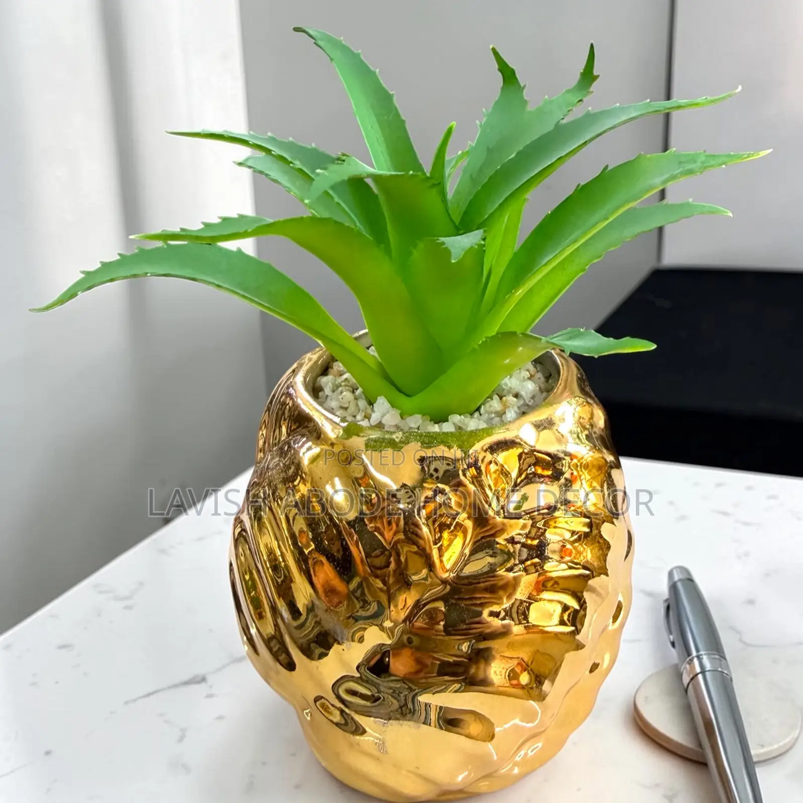 Artificial Green Succulent in Gold Ceramic Pot – Home Office Décor